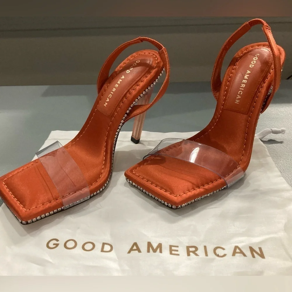 Good American Crystal Crush Orange Sandals Size 4‎